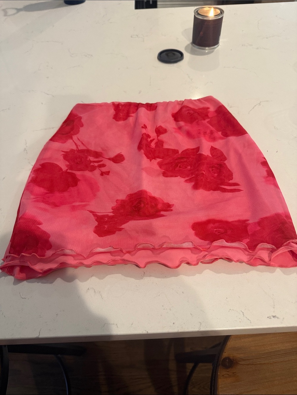 SHEIN Pink Mini Skirt with Red Floral Overlay